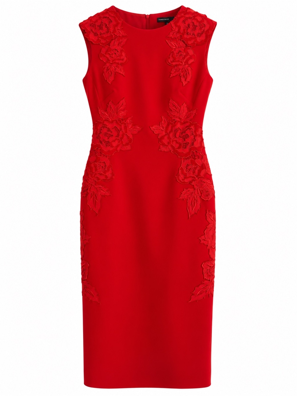 Karen Millen Red Sleeveless Sheath Dress with Floral Appliqué